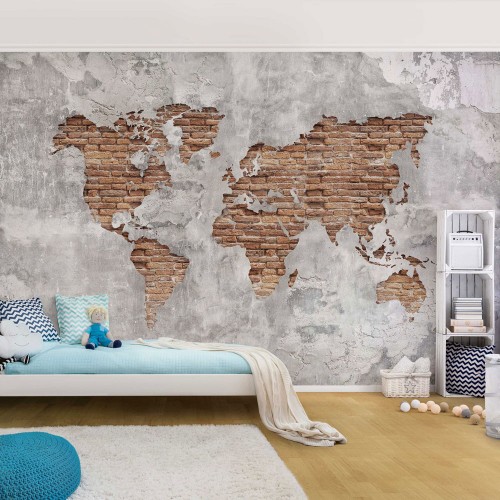 Harta lumii, perete din cărămidă Shabby - fototapet vlies