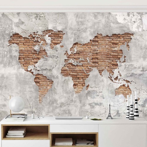 Harta lumii, perete din cărămidă Shabby - fototapet vlies