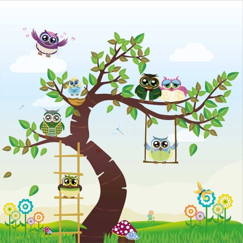 Copac cu bufnițe colorate - fototapet copii